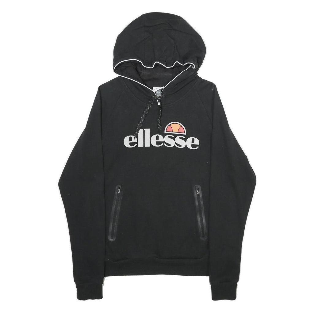 ELLESSE Womens Black Pullover Hoodie UK 10 Logo Print Cotton Blend
