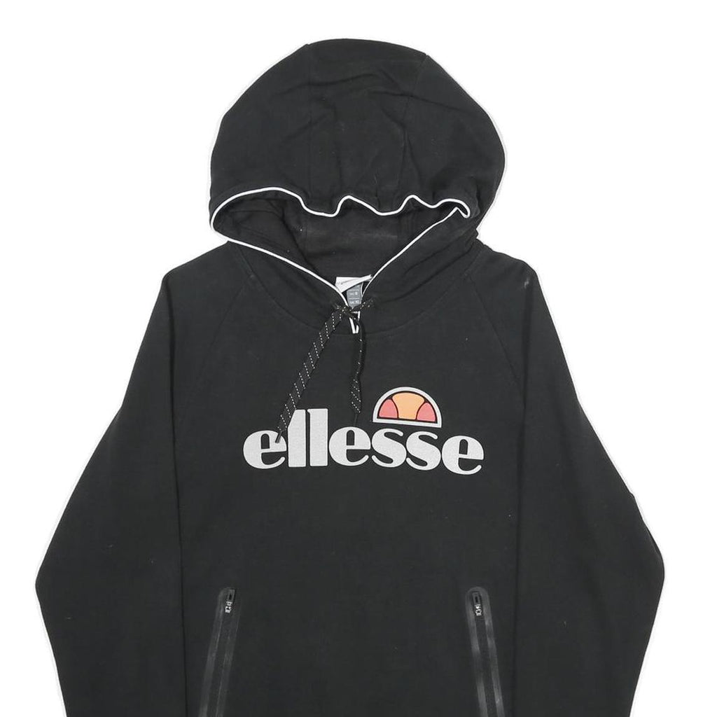 ELLESSE Womens Black Pullover Hoodie UK 10 Logo Print Cotton Blend