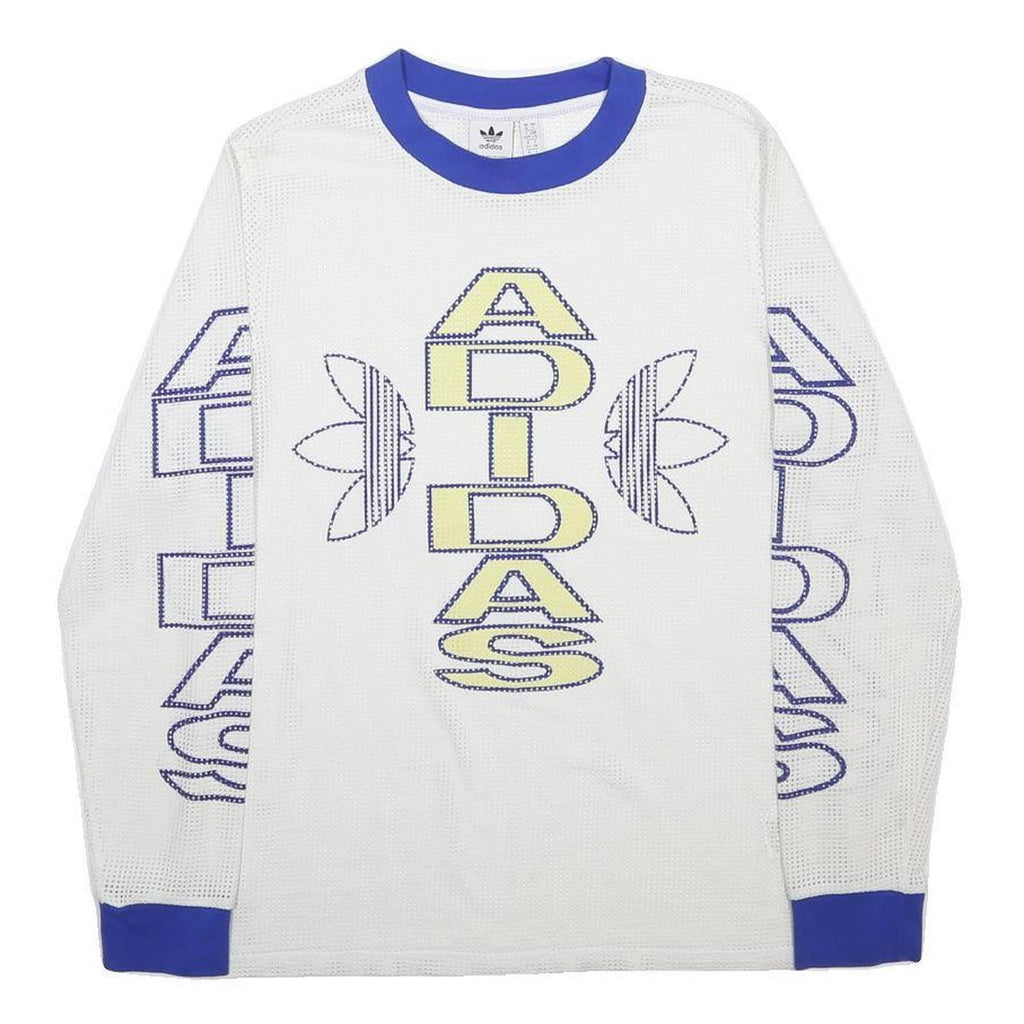 ADIDAS Womens White & Blue Graphic T-Shirt UK 18 Long Sleeve Crew Neck Mesh