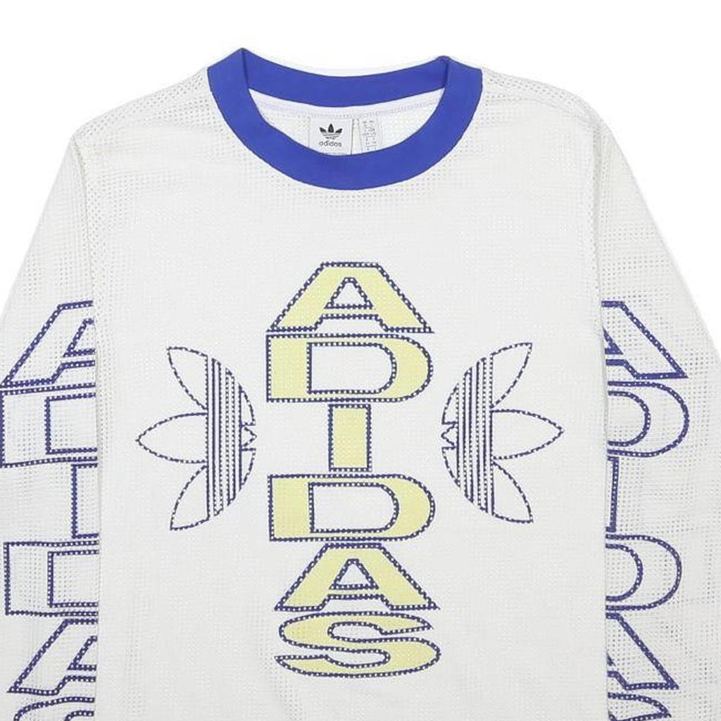 ADIDAS Womens White & Blue Graphic T-Shirt UK 18 Long Sleeve Crew Neck Mesh