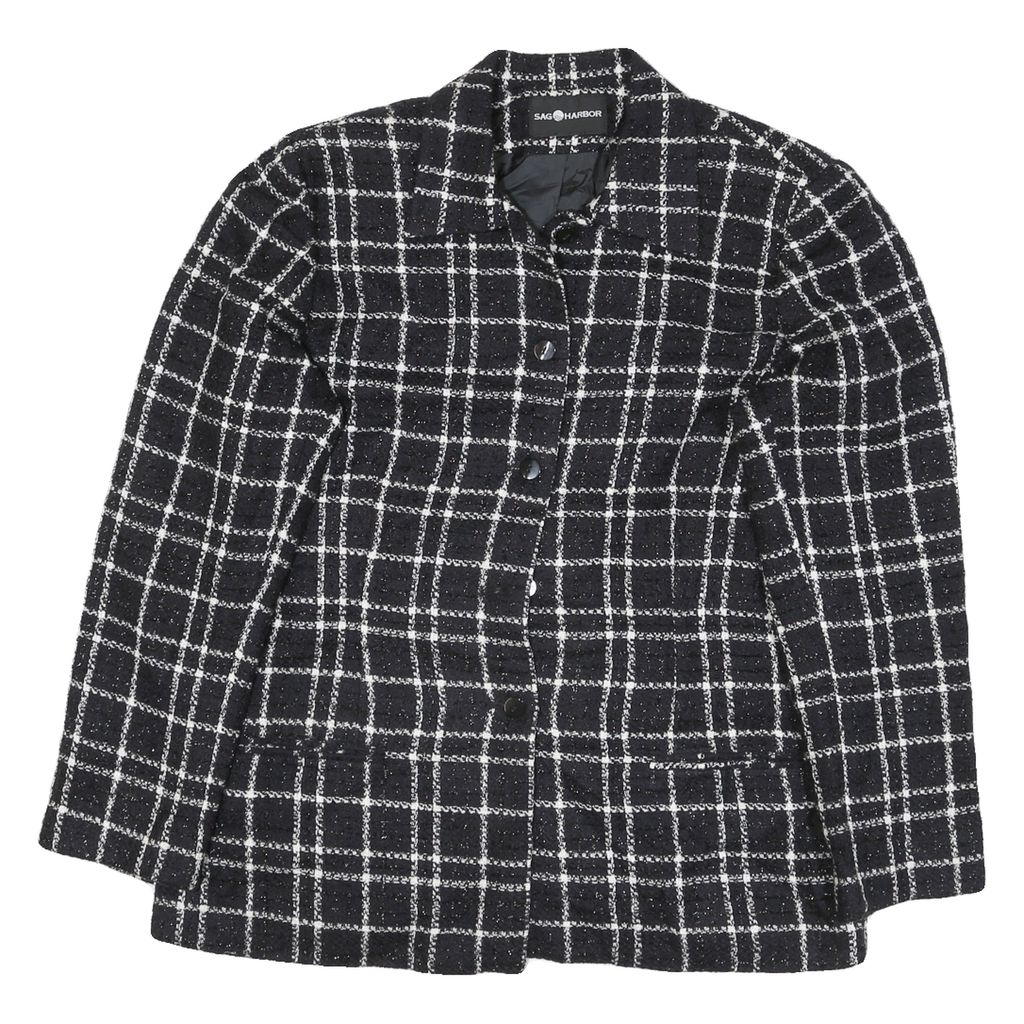 SAG HARBOR Womens Black & White Jacket M Polyester Blend Check Button Closure