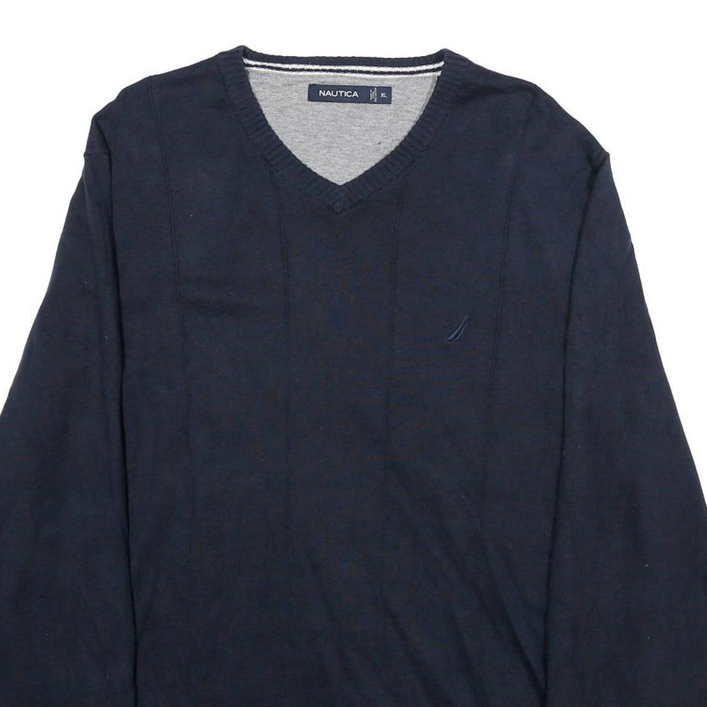 NAUTICA Mens Navy Blue Plain Cotton V-Neck Basic Knit Jumper XL Casual Wear