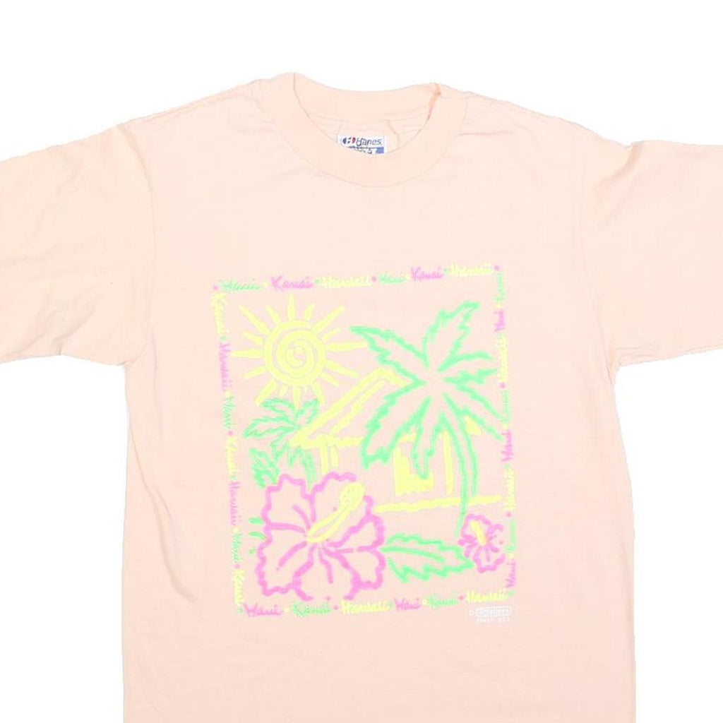HANES Womens Cream S Graphic T-Shirt Short Sleeve Round Neck Hawaiian Print
