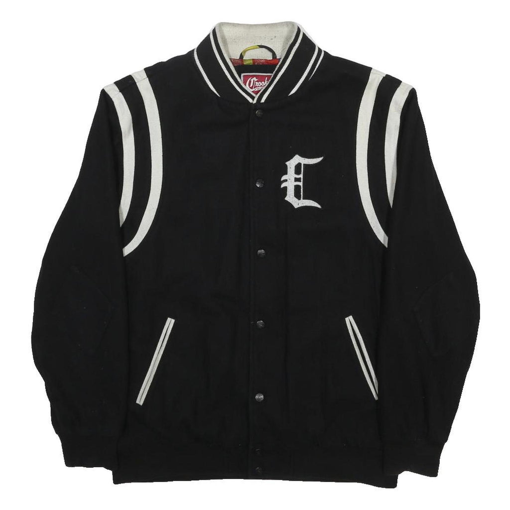 CROOKS & CASTLE Mens Black & White Letterman Wool Blend Jacket XL Button Plain