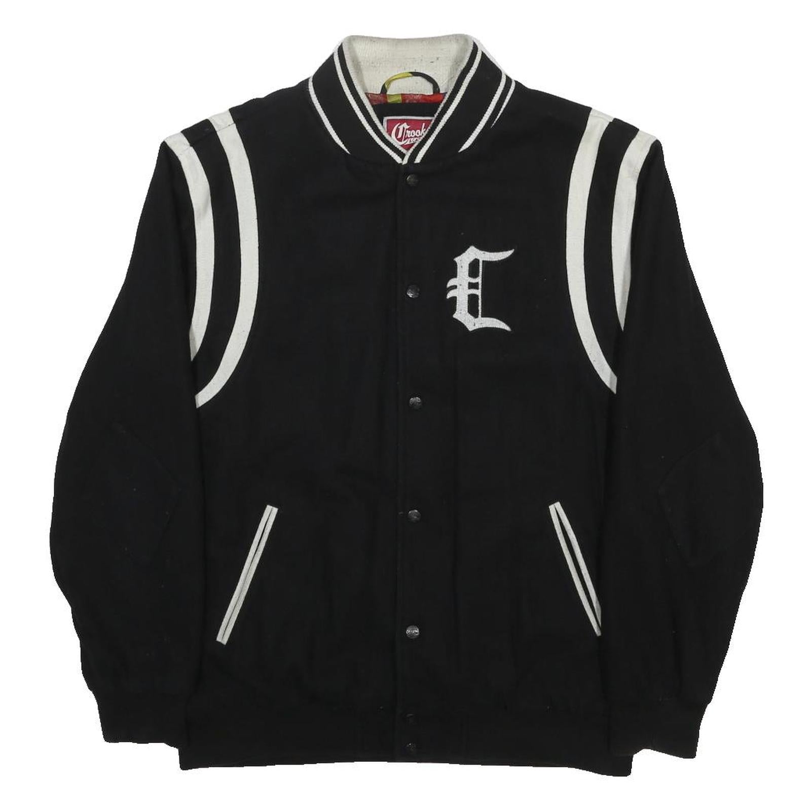 CROOKS & CASTLE Mens Black & White Letterman Wool Blend Jacket XL Button Plain
