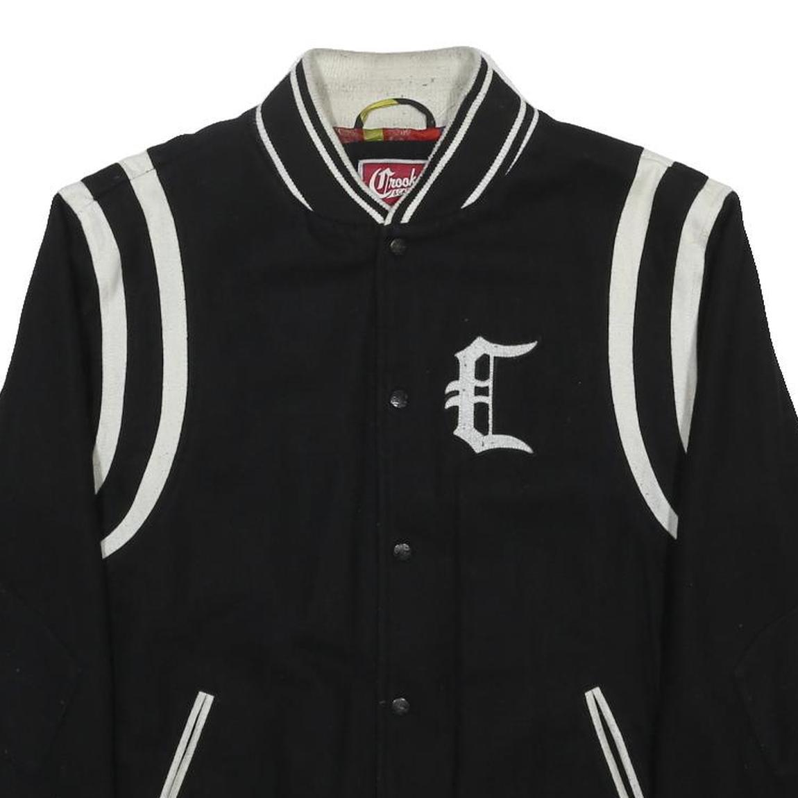 CROOKS & CASTLE Mens Black & White Letterman Wool Blend Jacket XL Button Plain