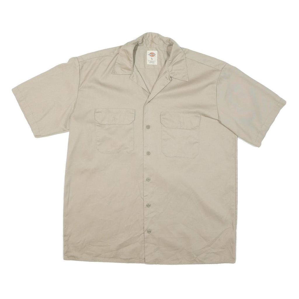 DICKIES Mens Beige Cotton Blend Work Shirt L Button Pocket Short Sleeve