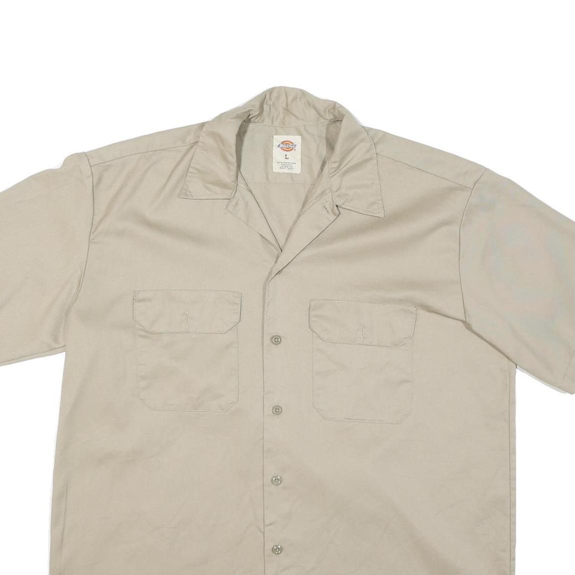 DICKIES Mens Beige Cotton Blend Work Shirt L Button Pocket Short Sleeve