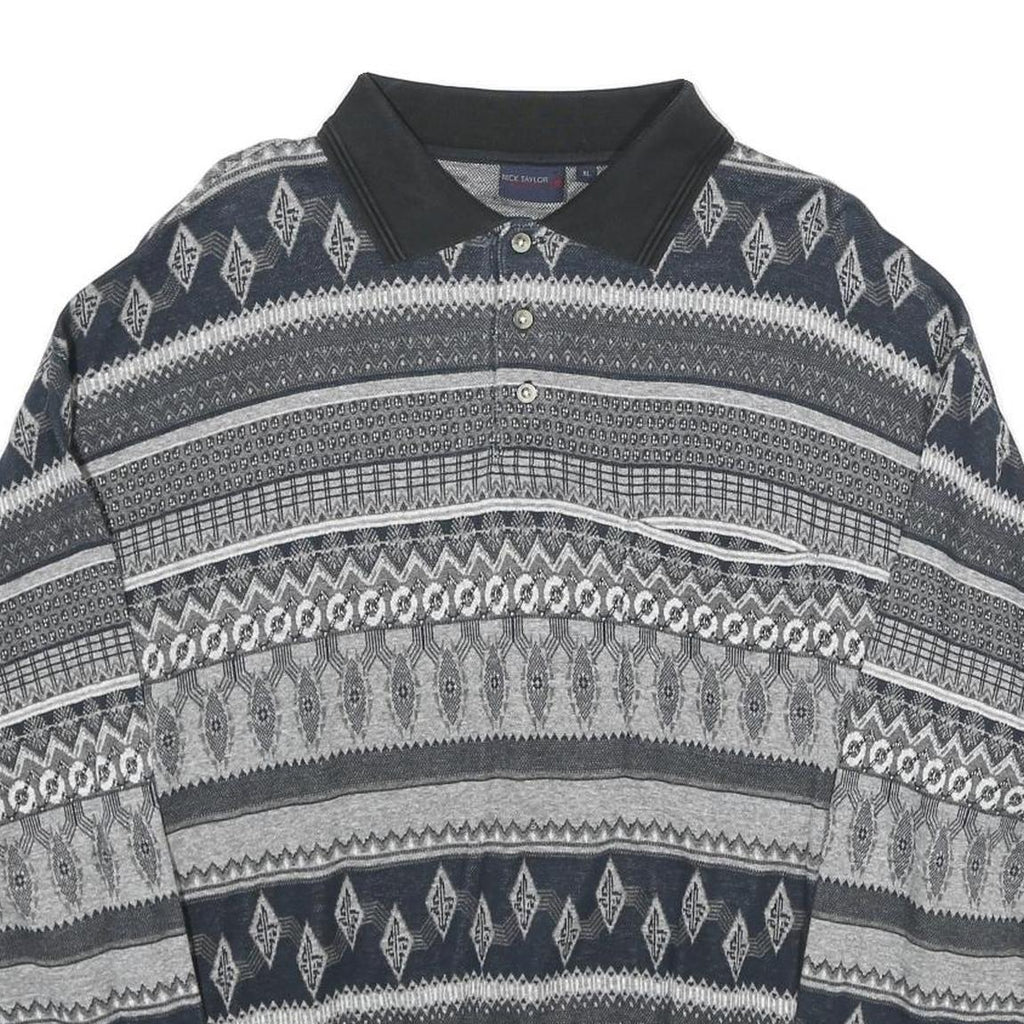 NICK TAYLOR SPORTSWEAR Mens Black & Grey Patterned Jumper Polo Collar Basic Knit