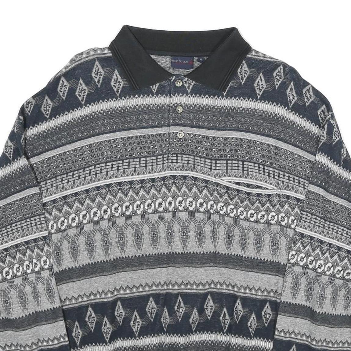 NICK TAYLOR SPORTSWEAR Mens Black & Grey Patterned Jumper Polo Collar Basic Knit