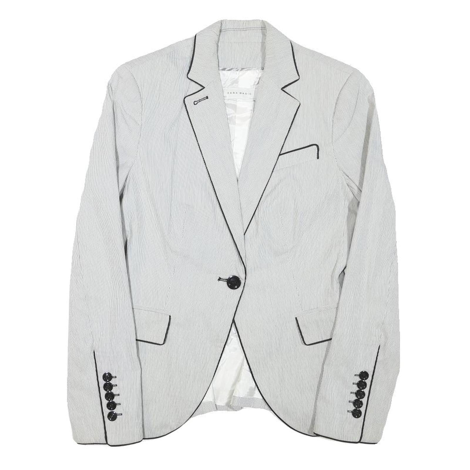 ZARA BASIC Womens White & Black Striped Blazer Jacket XS Cotton Blend Classic