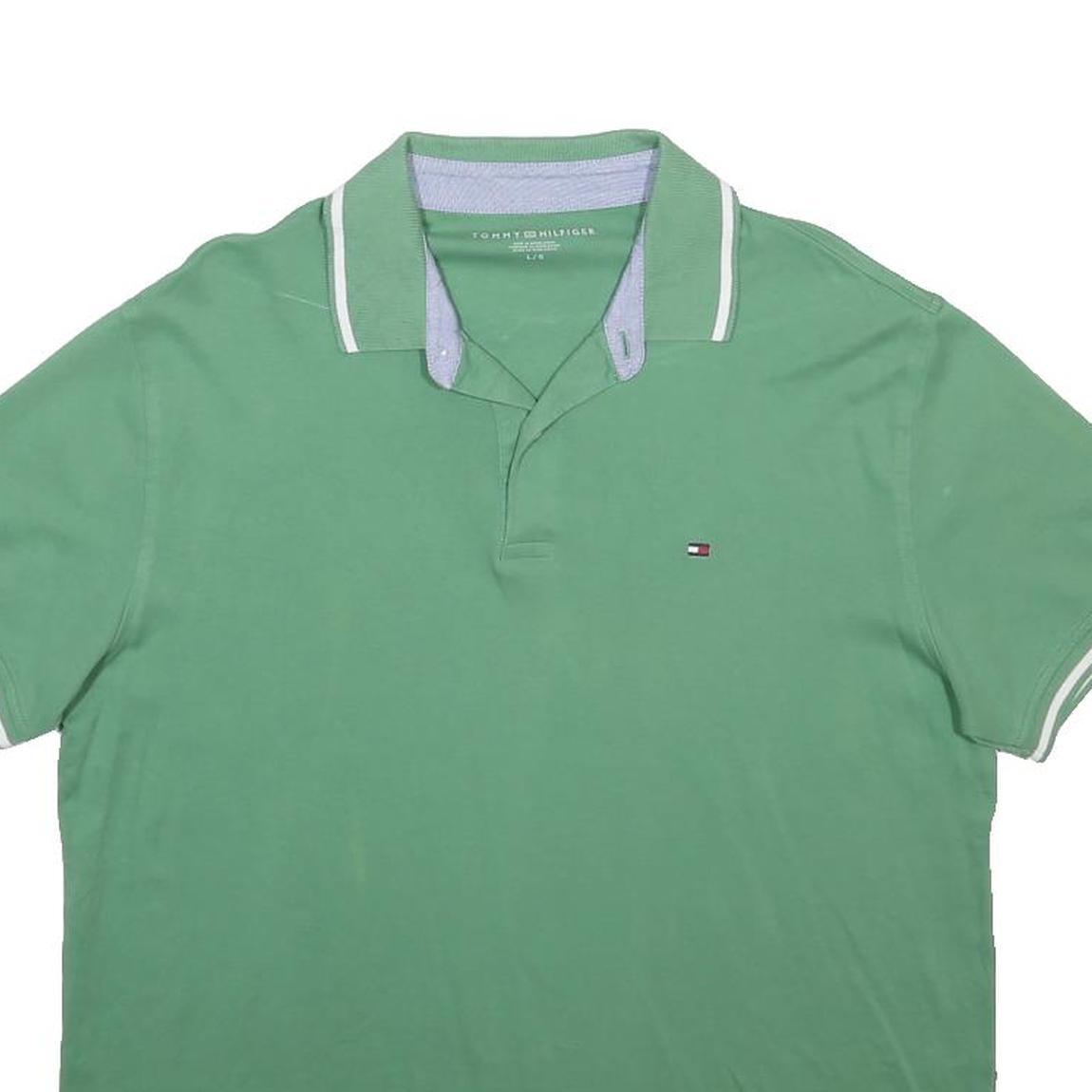 TOMMY HILFIGER Mens Green Polo Shirt L Short Sleeve Cotton Blend Basic
