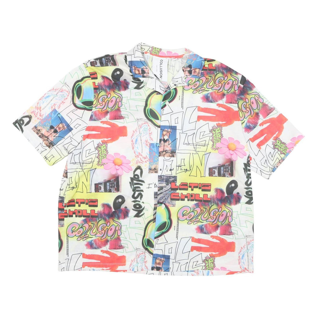 COLLUSION Mens White Red & Green Graphic Print Shirt M Short Sleeve Button Shirt