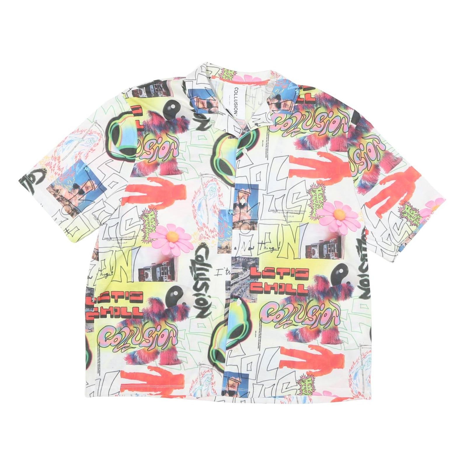 COLLUSION Mens White Red & Green Graphic Print Shirt M Short Sleeve Button Shirt