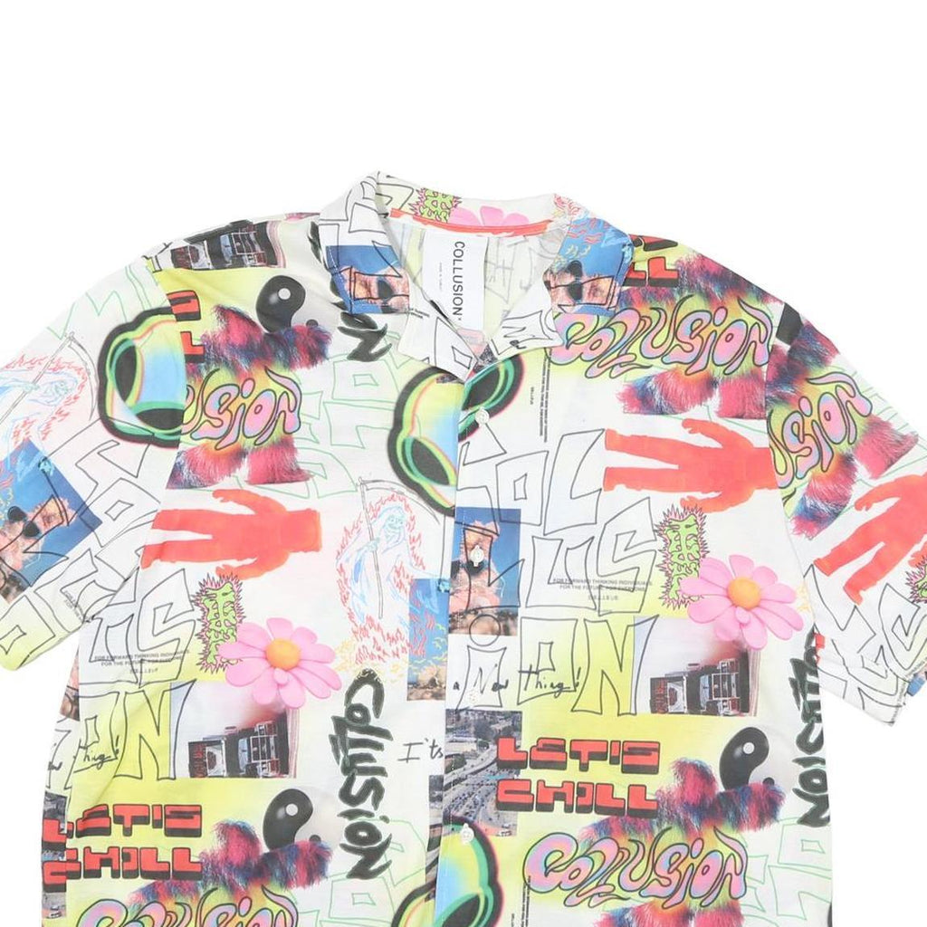 COLLUSION Mens White Red & Green Graphic Print Shirt M Short Sleeve Button Shirt