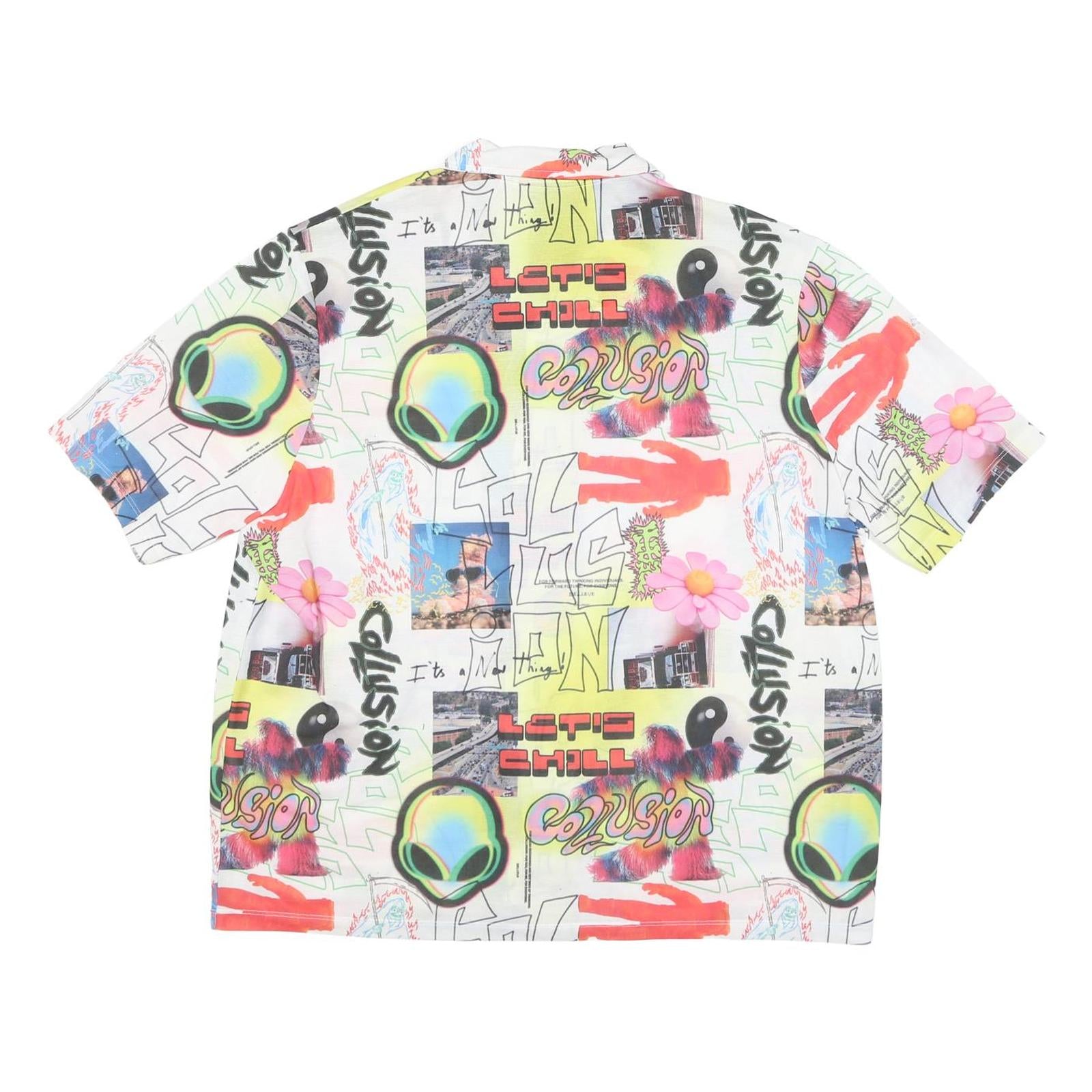 COLLUSION Mens White Red & Green Graphic Print Shirt M Short Sleeve Button Shirt