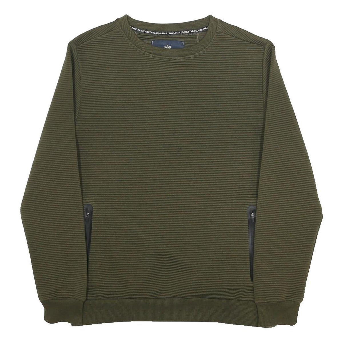 SOULSTAR Mens Green Sweatshirt Crew Neck M Zipped Pockets Casual Everyday