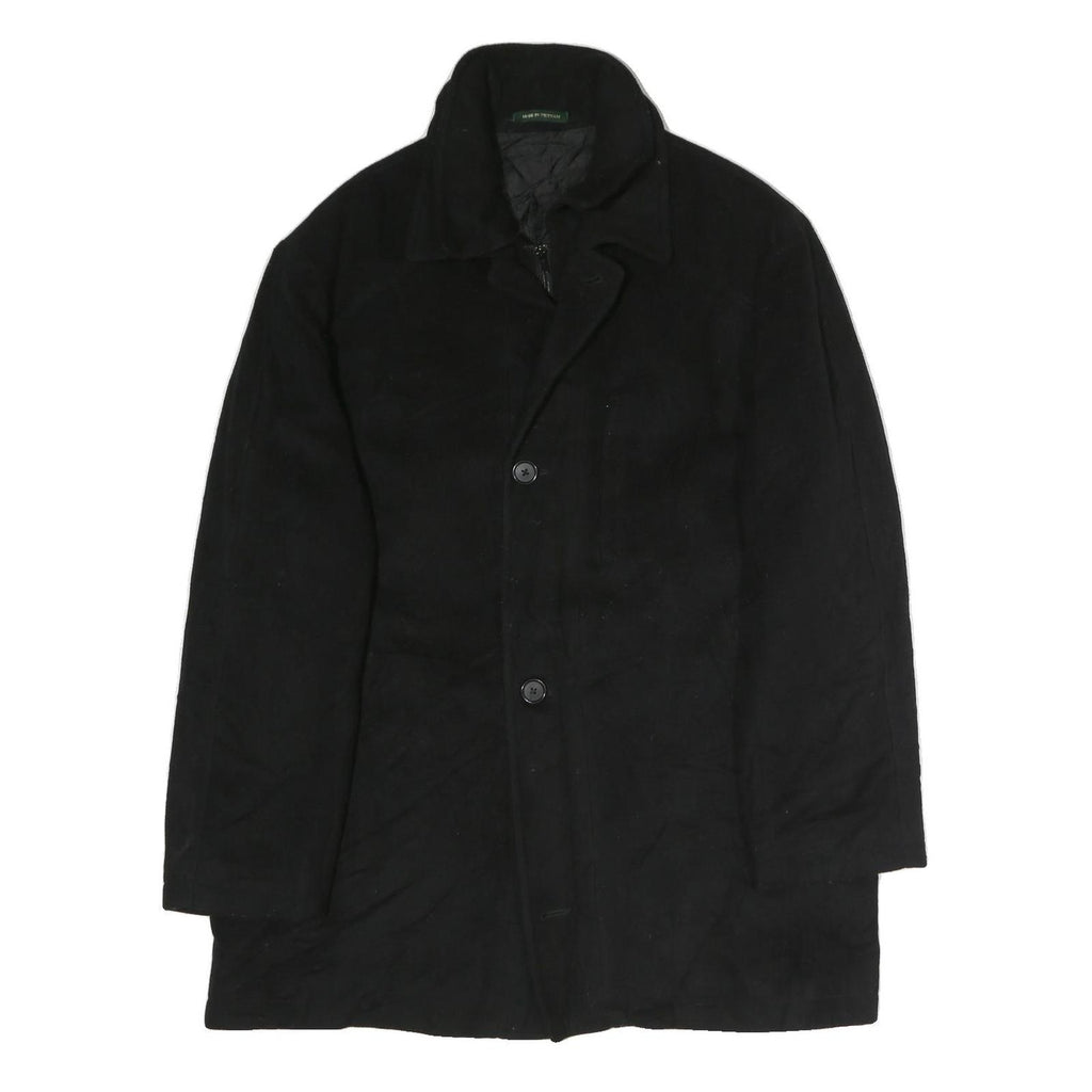 Mens Black Wool Plain Jacket L Zip Closure Classic Fit Long Sleeve Elegant