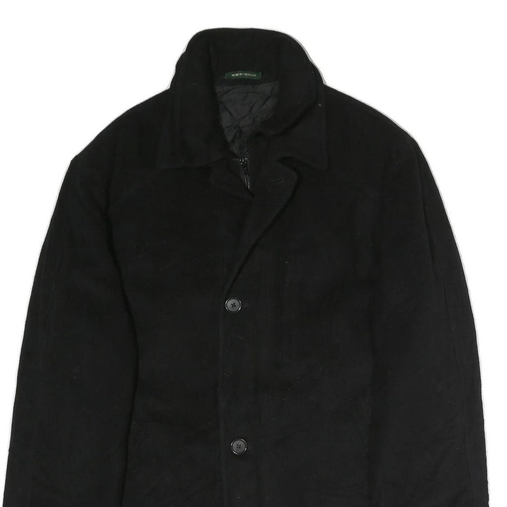 Mens Black Wool Plain Jacket L Zip Closure Classic Fit Long Sleeve Elegant