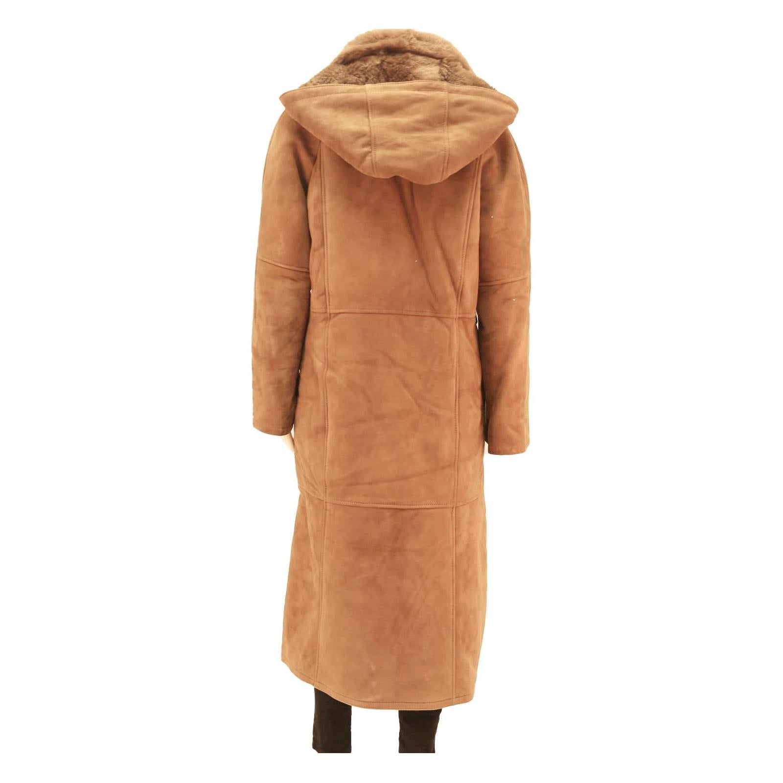 Womens Beige Brown Long Sleeve Button Cotton Blend Jacket L Hooded Plain Fall