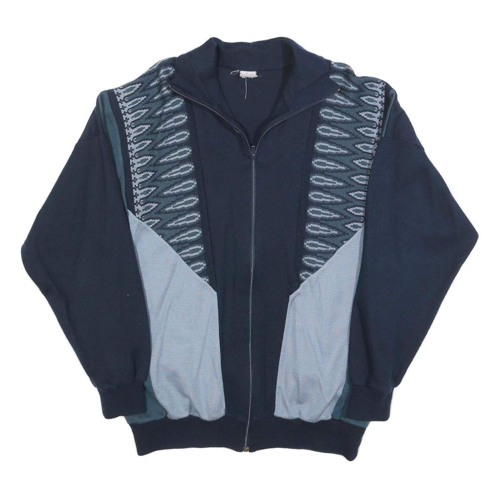 Mens Navy Blue Patterned Full Zip Jumper L Retro Vintage Style