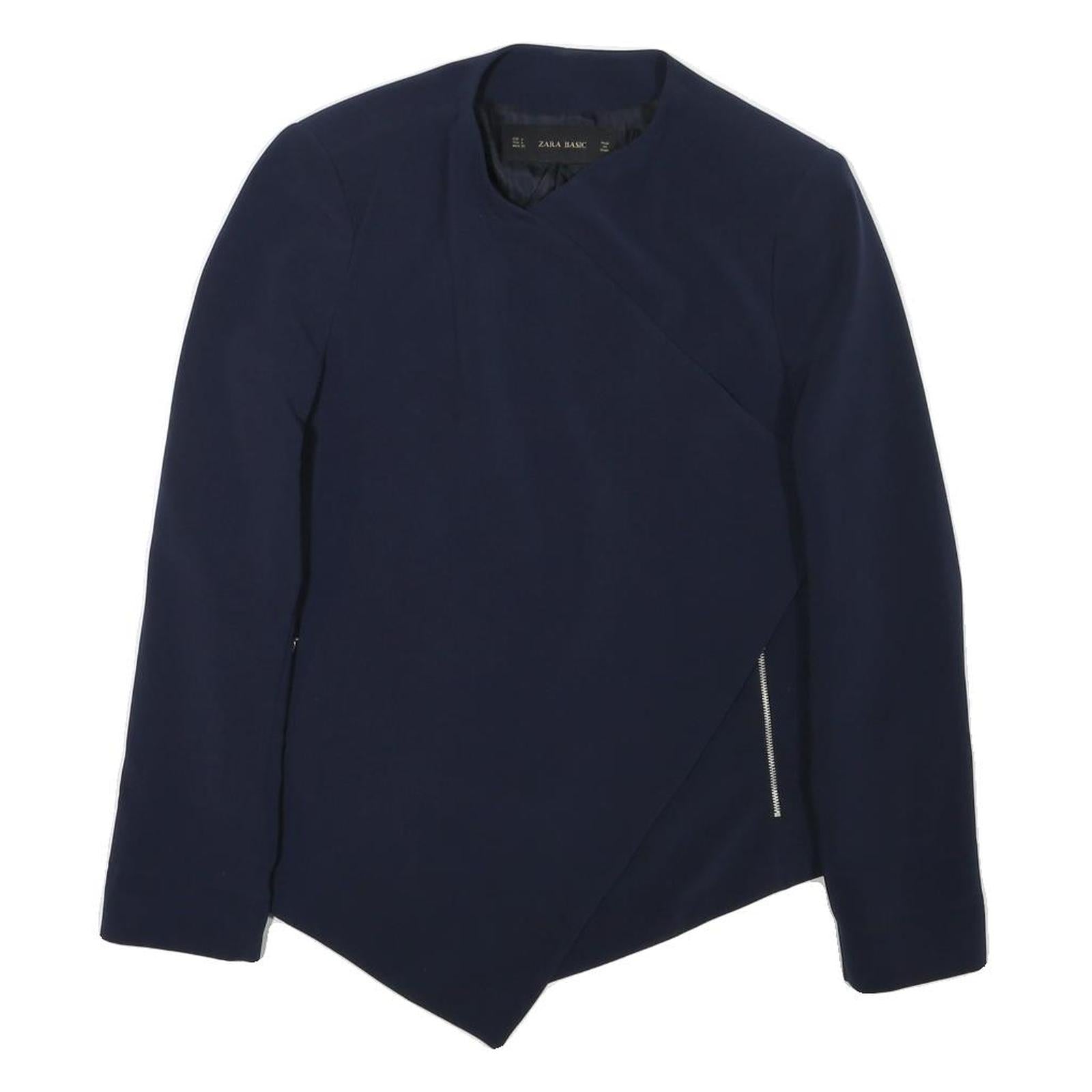 ZARA Womens Navy Blue Asymmetric Jacket L Acetate Tailored Plain Stylish