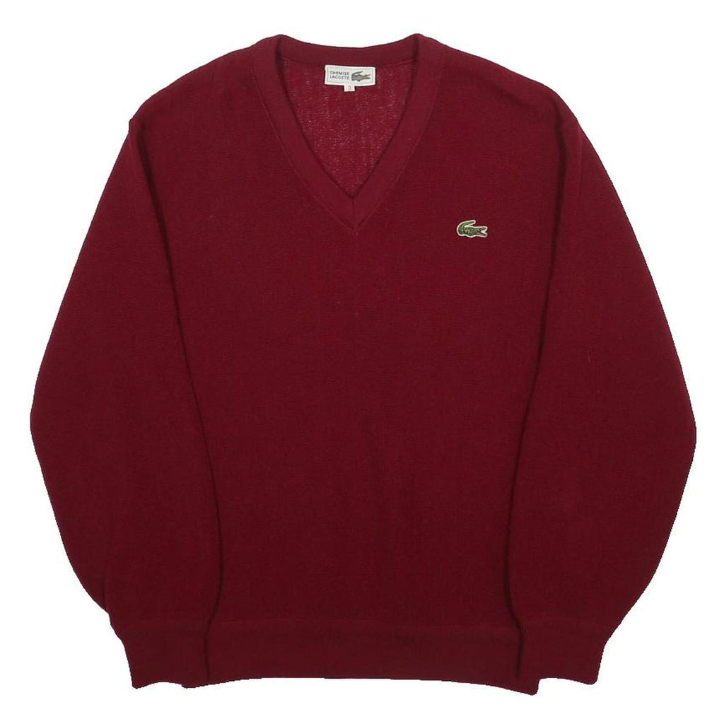 LACOSTE Mens Red Wool Plain V-Neck Basic Knit Jumper S Classic Style