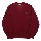 LACOSTE Mens Red Wool Plain V-Neck Basic Knit Jumper S Classic Style