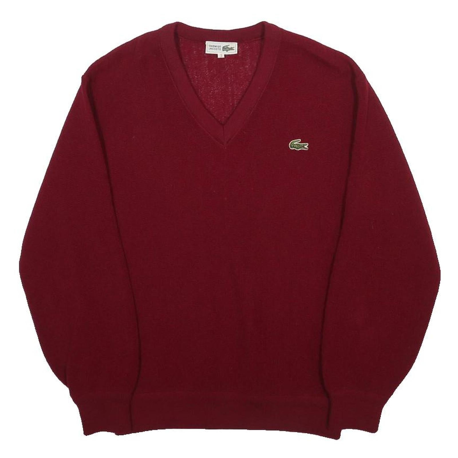LACOSTE Mens Red Wool Plain V-Neck Basic Knit Jumper S Classic Style