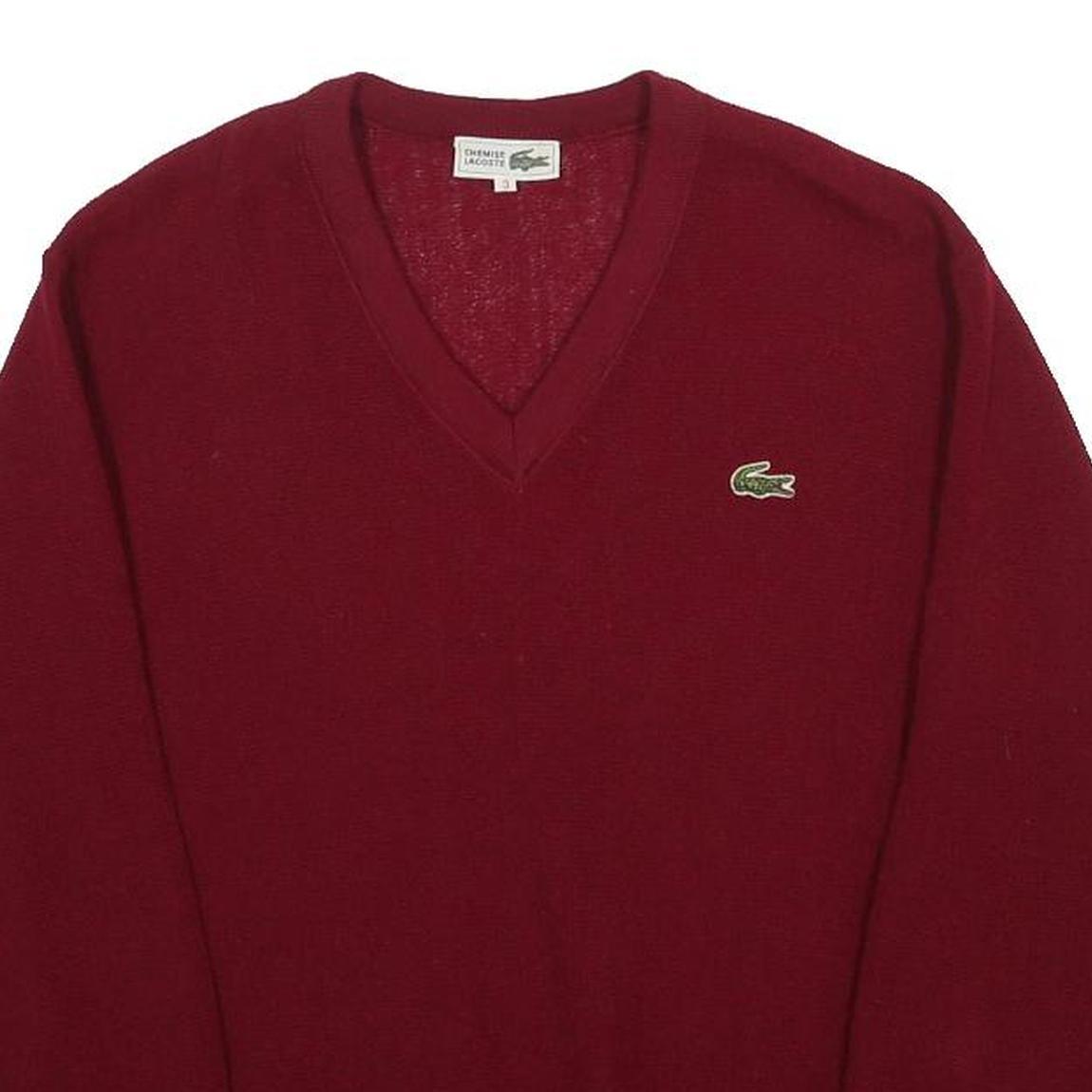 LACOSTE Mens Red Wool Plain V-Neck Basic Knit Jumper S Classic Style