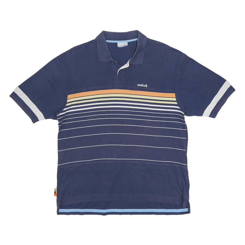 REEBOK Mens Navy Blue Striped Short Sleeve Polo Shirt L Cotton Blend Casual