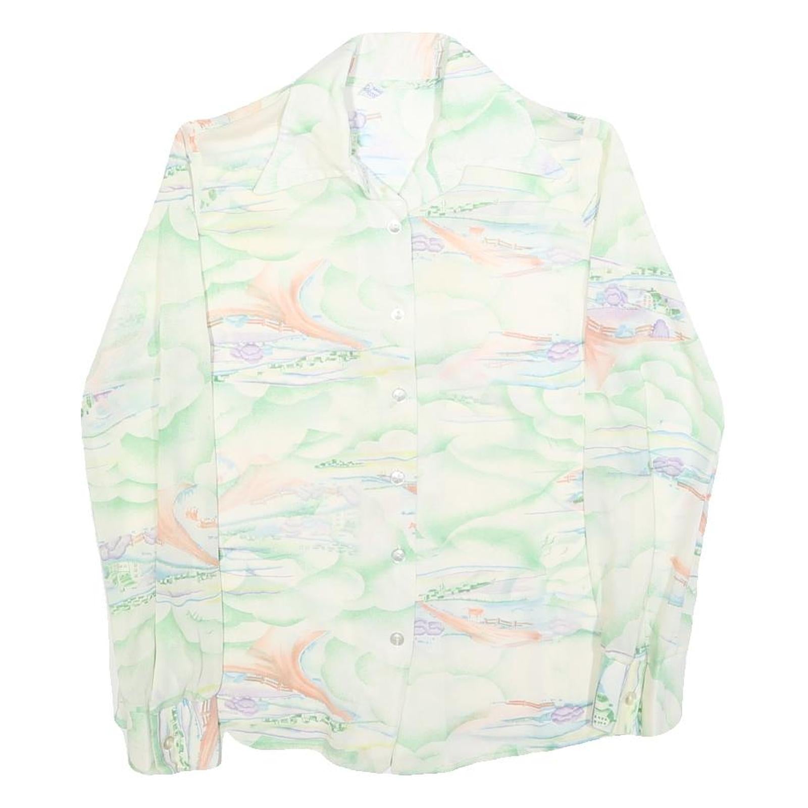 Womens Cream Printed Shirt Long Sleeve Collared S Button Closure Polyester Blend
