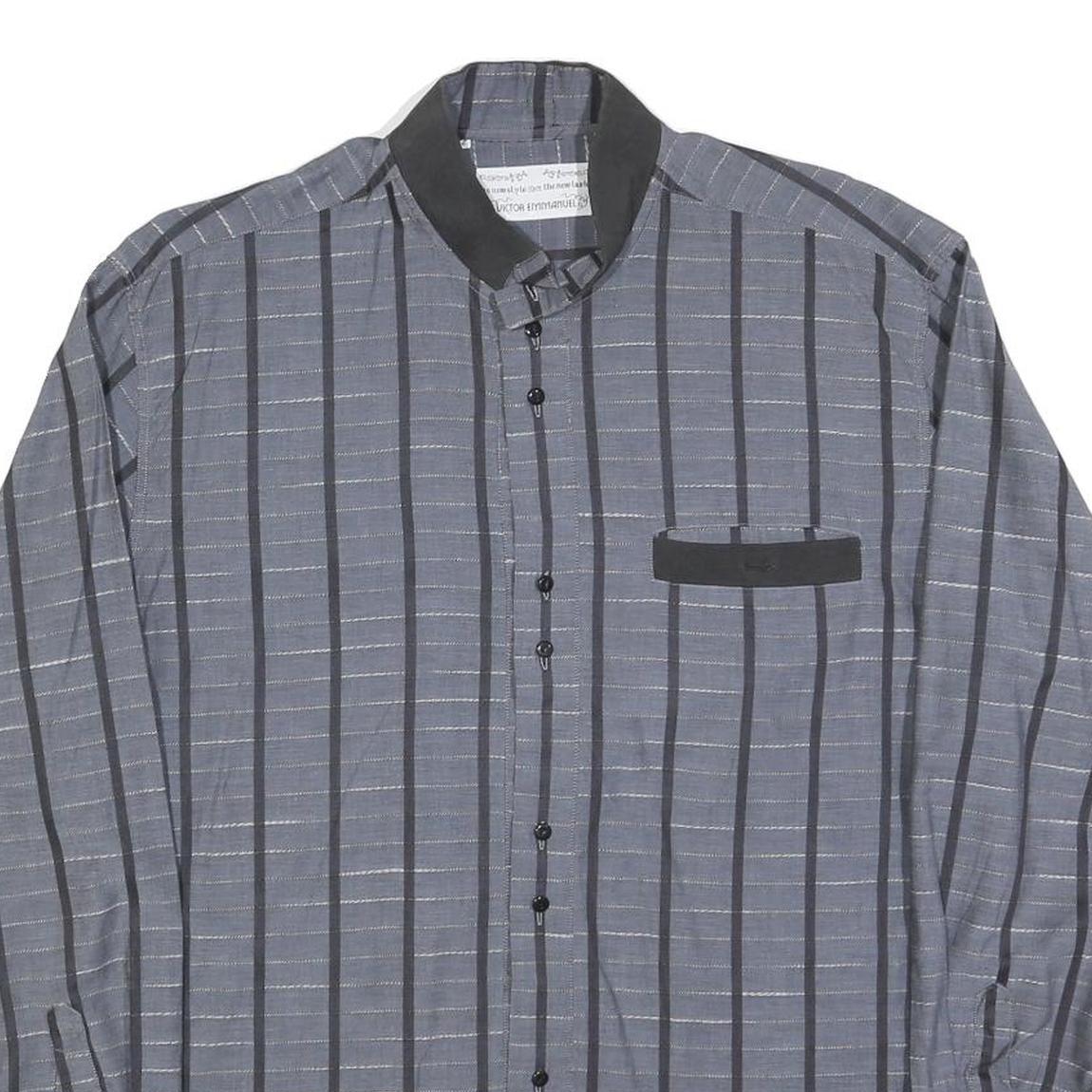 VICTOR EMMANUEL Mens Blue & Black Stripe Cotton Blend Shirt L Long Sleeve Casual
