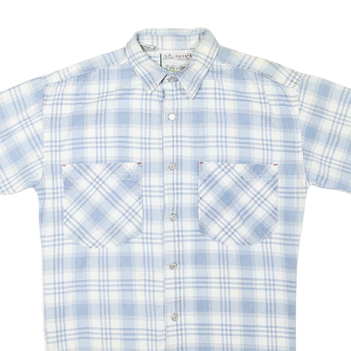 L.A. GATE Mens Blue & White Check Shirt S Short Sleeve Cotton Casual Summer