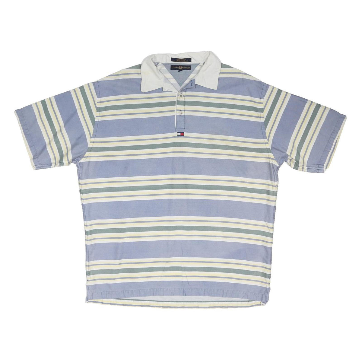 TOMMY HILFIGER Mens Blue White Green Striped Short Sleeve Polo Shirt L Classic