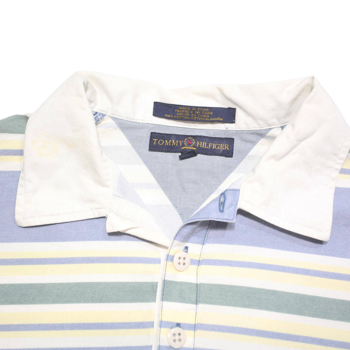 TOMMY HILFIGER Mens Blue White Green Striped Short Sleeve Polo Shirt L Classic
