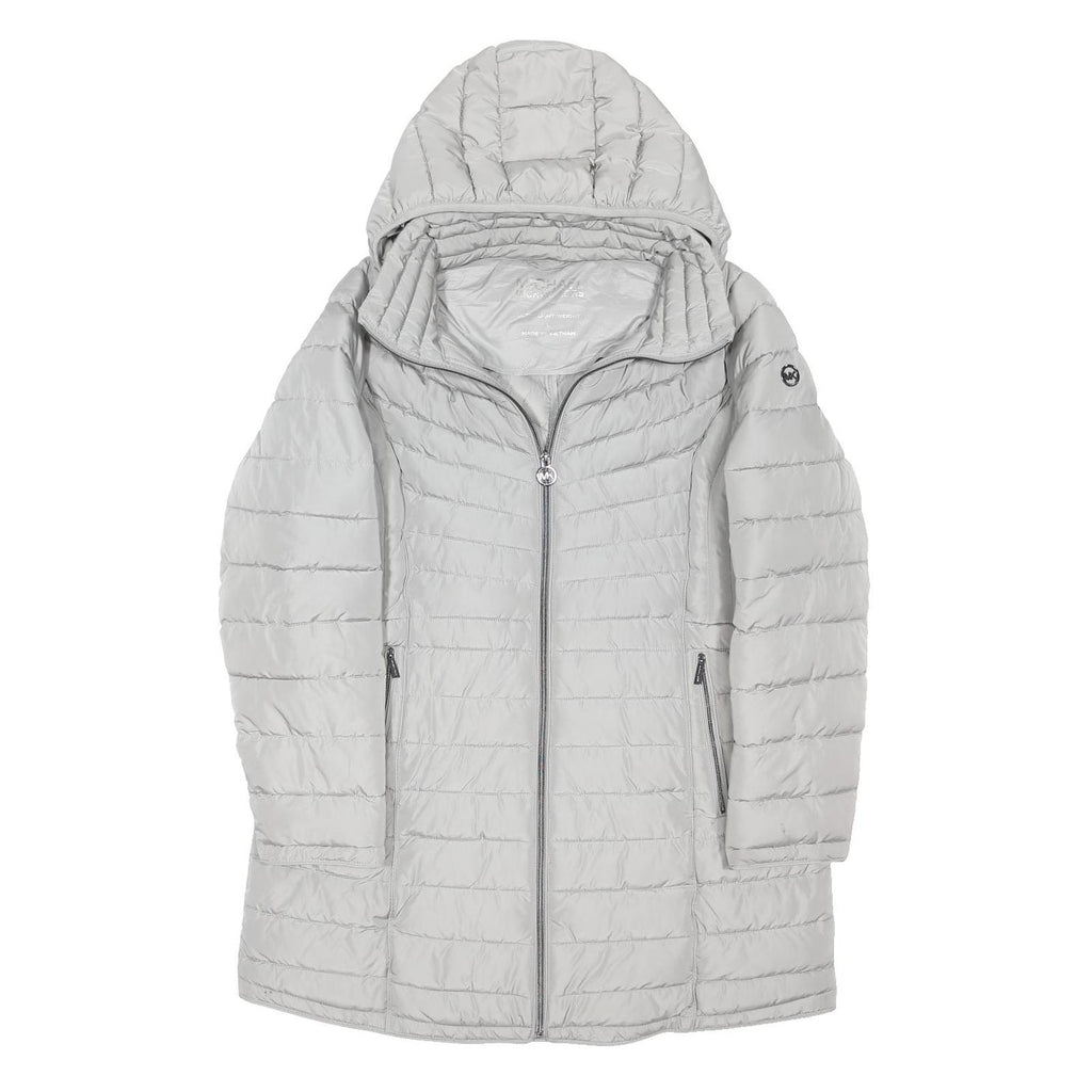 MICHAEL KORS Womens Grey Puffer Jacket L Polyester Blend Woven Quilted Hooded