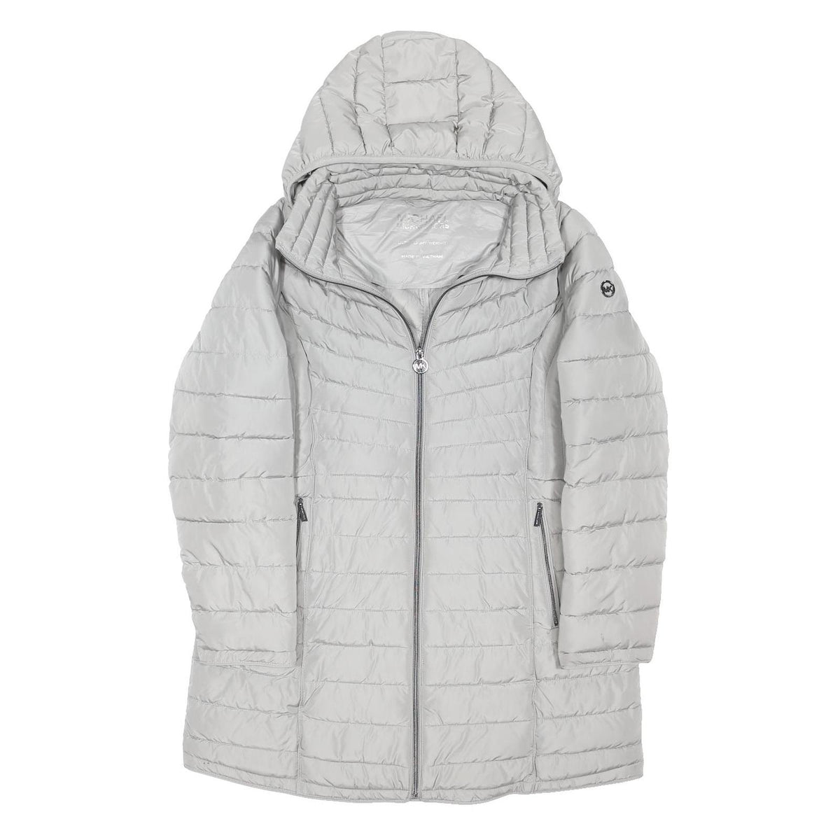MICHAEL KORS Womens Grey Puffer Jacket L Polyester Blend Woven Quilted Hooded
