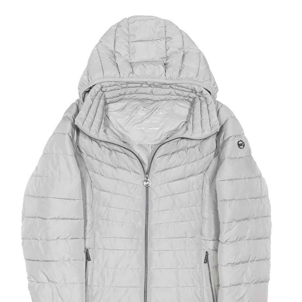 MICHAEL KORS Womens Grey Puffer Jacket L Polyester Blend Woven Quilted Hooded