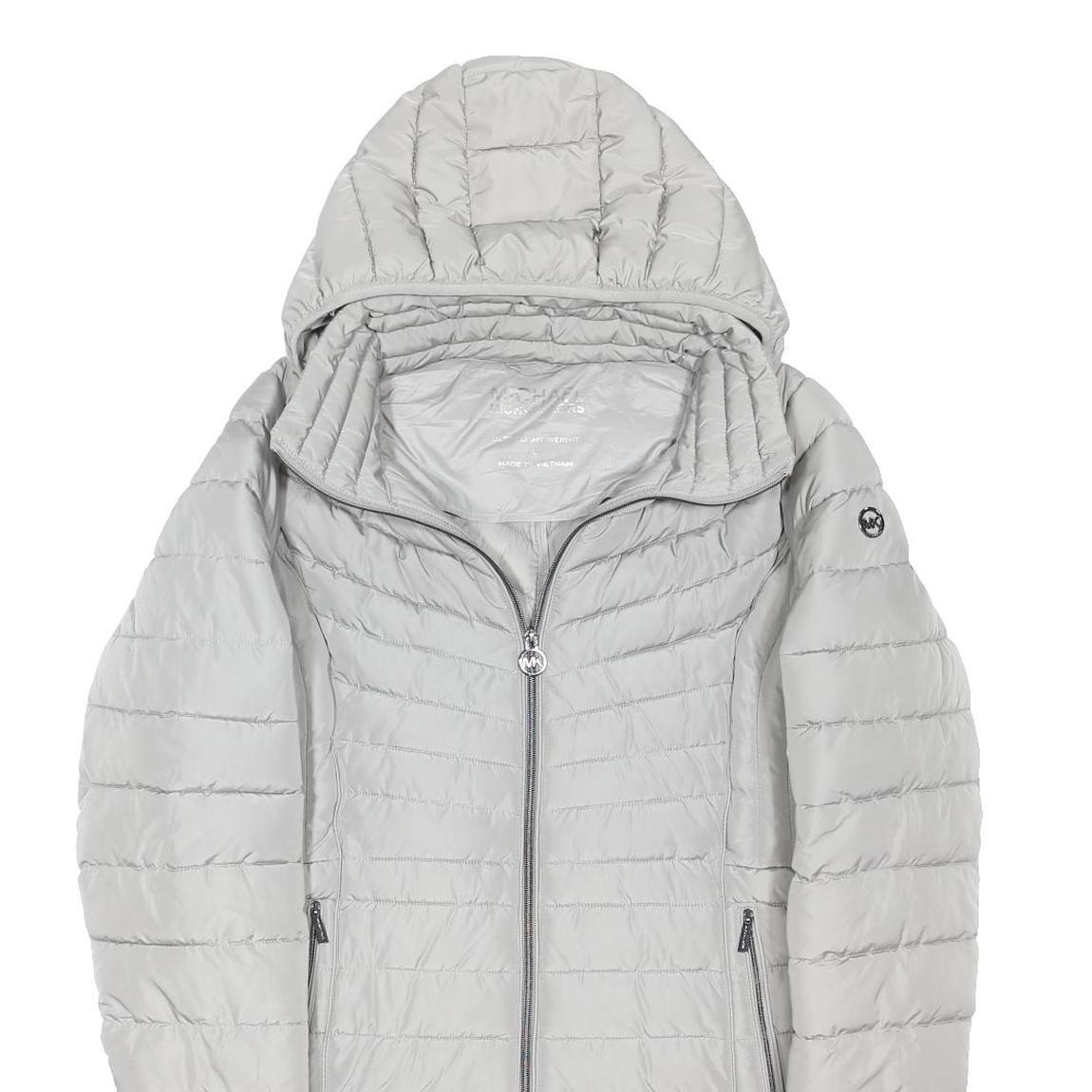MICHAEL KORS Womens Grey Puffer Jacket L Polyester Blend Woven Quilted Hooded
