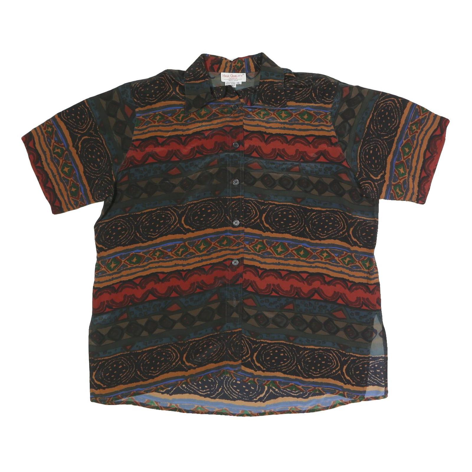 HIGH QUALITY FASHION Womens Multi Printed Silk Shirt Short Sleeve Collared XL