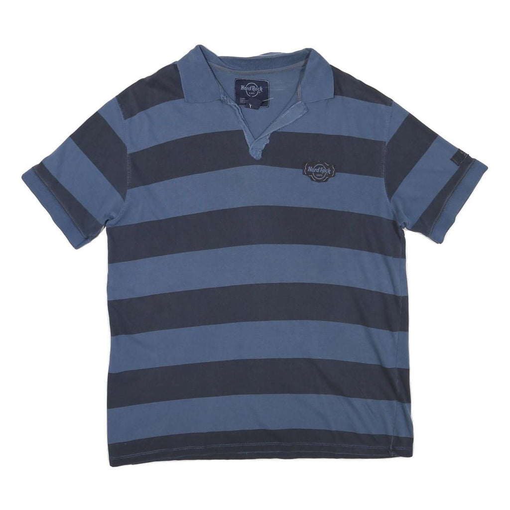 HARD ROCK CAFE Mens Blue & Navy Striped Short Sleeve Polo XL Cotton Blend Casual