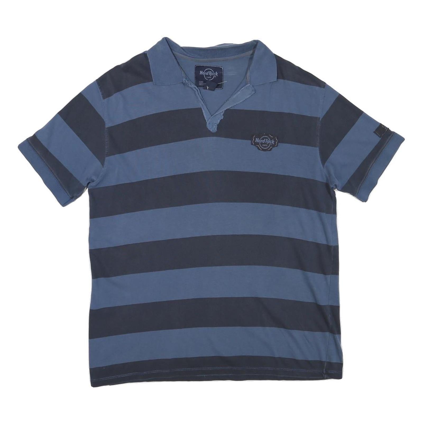 HARD ROCK CAFE Mens Blue & Navy Striped Short Sleeve Polo XL Cotton Blend Casual