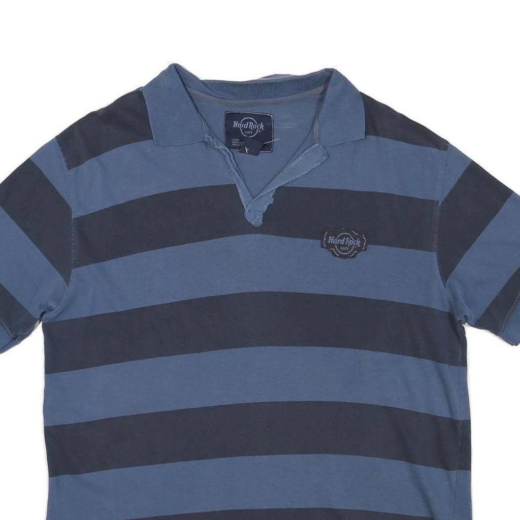 HARD ROCK CAFE Mens Blue & Navy Striped Short Sleeve Polo XL Cotton Blend Casual