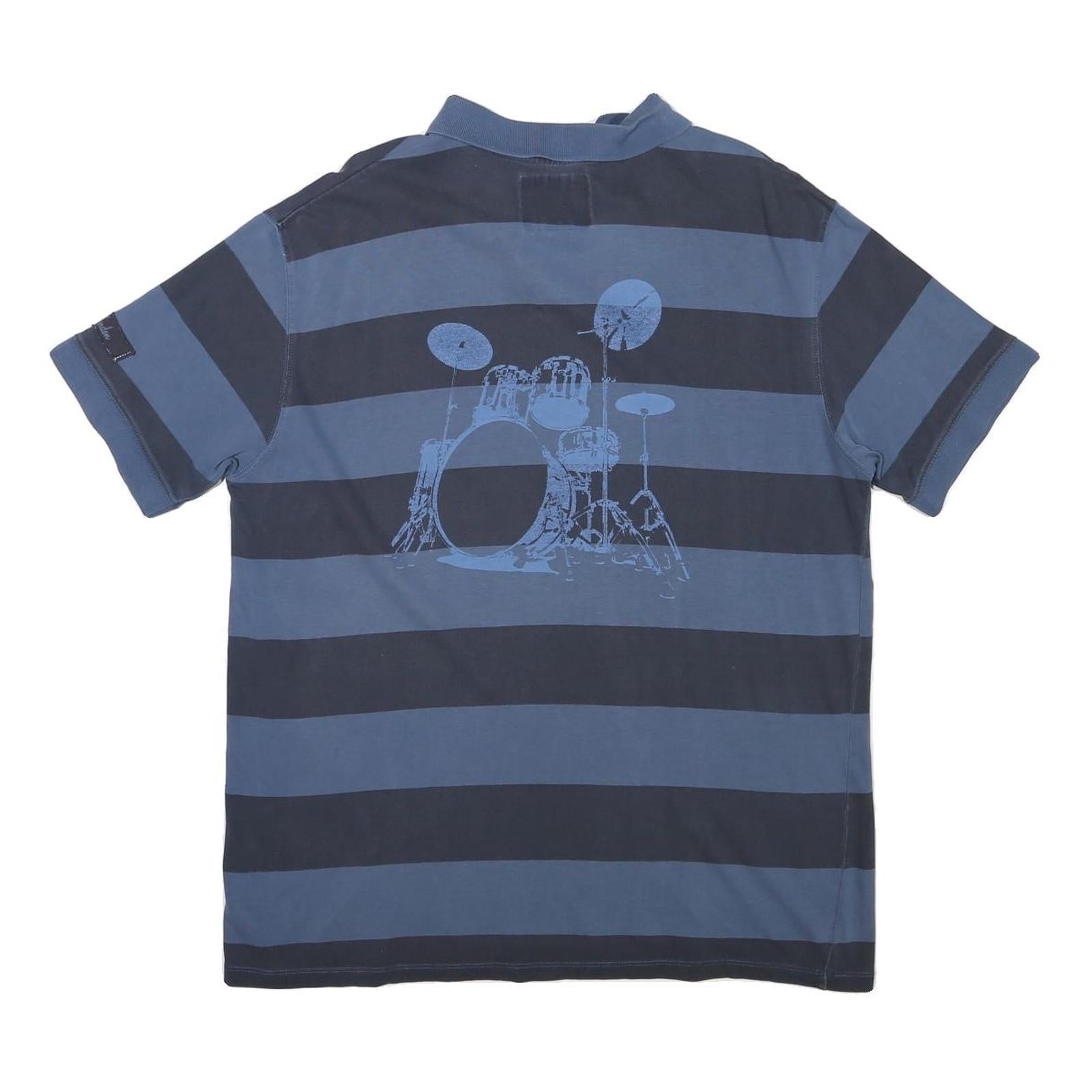 HARD ROCK CAFE Mens Blue & Navy Striped Short Sleeve Polo XL Cotton Blend Casual