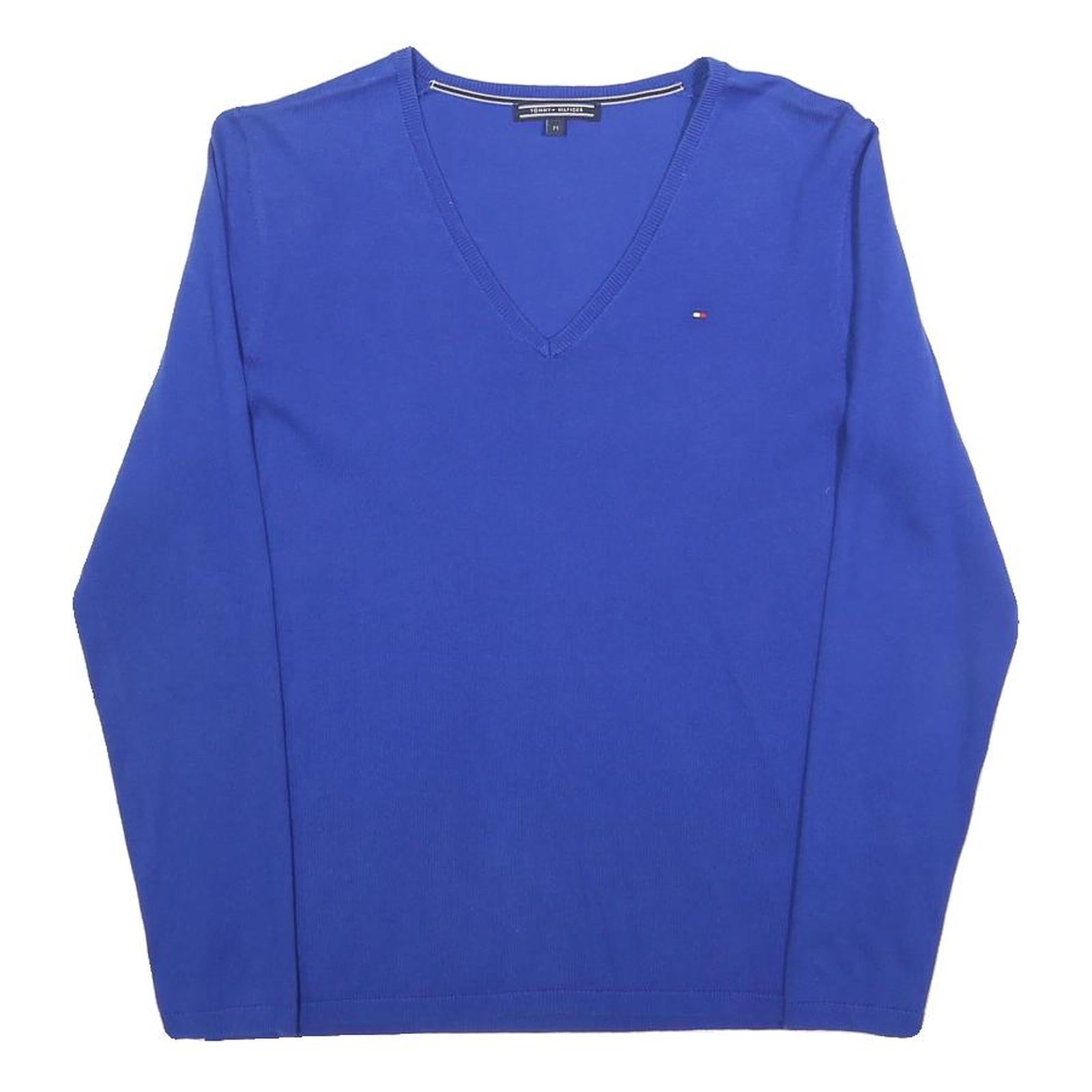 TOMMY HILFIGER Womens Blue Plain V-Neck Basic Knit M Cotton Blend Jumper Casual