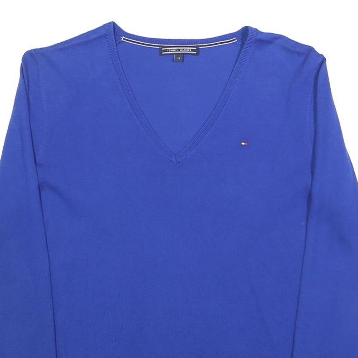 TOMMY HILFIGER Womens Blue Plain V-Neck Basic Knit M Cotton Blend Jumper Casual