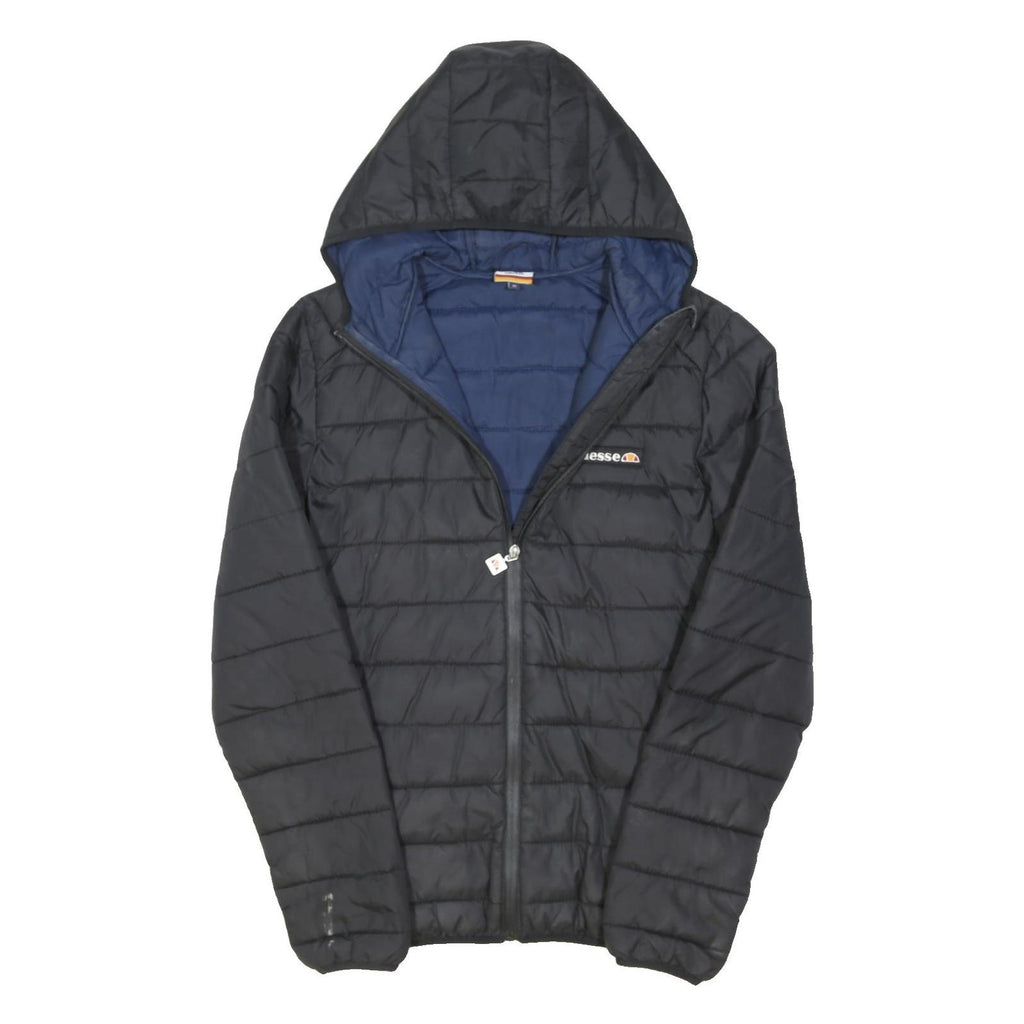 ELLESSE Mens Black & Navy Hooded Quilted Jacket S Polyester Blend Zip Casual