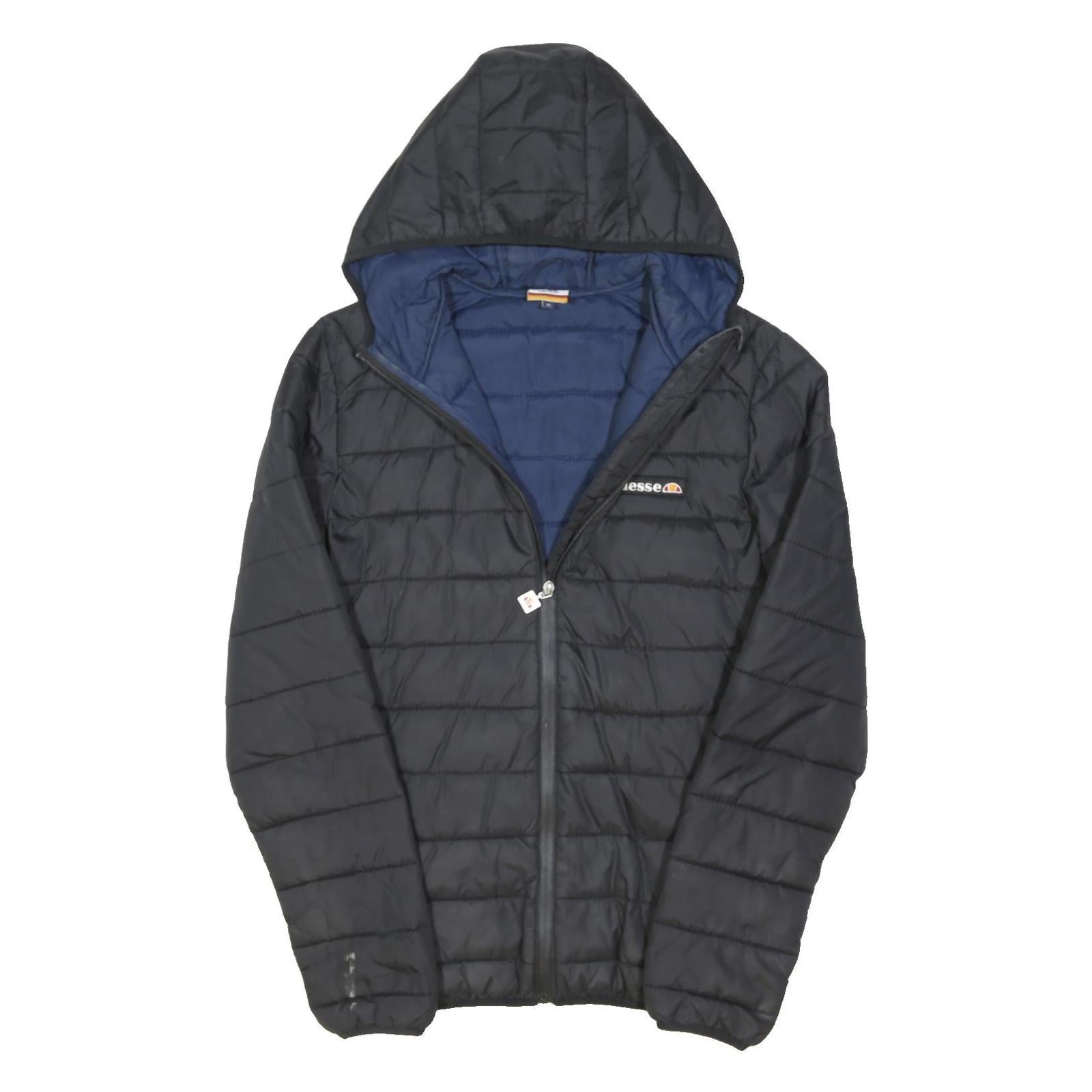 ELLESSE Mens Black & Navy Hooded Quilted Jacket S Polyester Blend Zip Casual