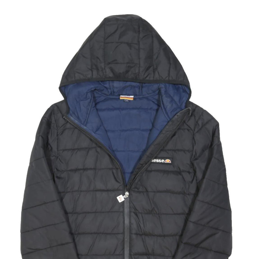 ELLESSE Mens Black & Navy Hooded Quilted Jacket S Polyester Blend Zip Casual